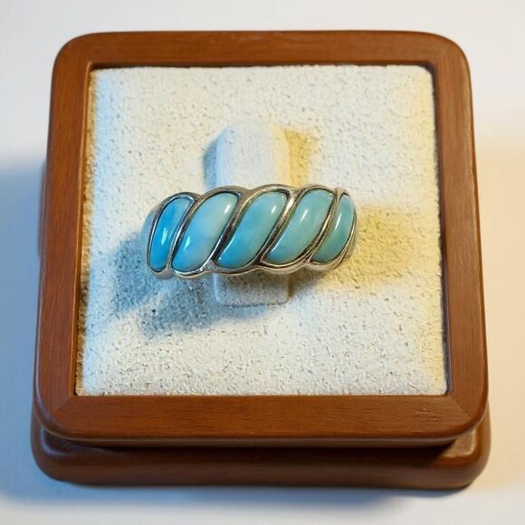 Stunning Natural Blue Larimar Wave Gold Ring Size 6 New - Picture 2 of 7